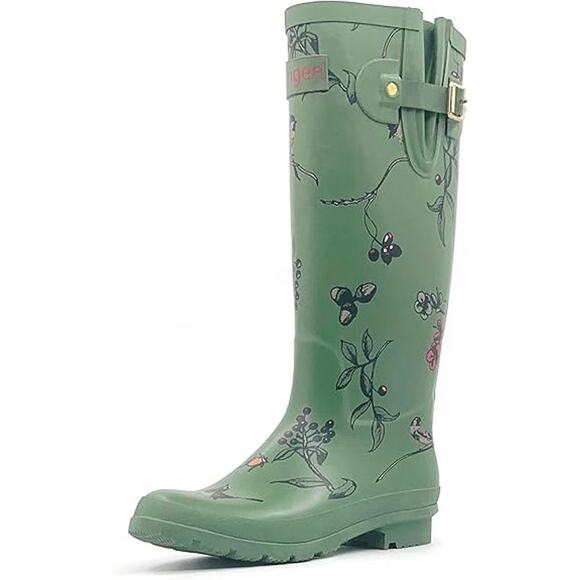 Rongee Womens Size 9 Green Bird Flower Buckle Waterproof Garden Rain Boots - Picture 1 of 7